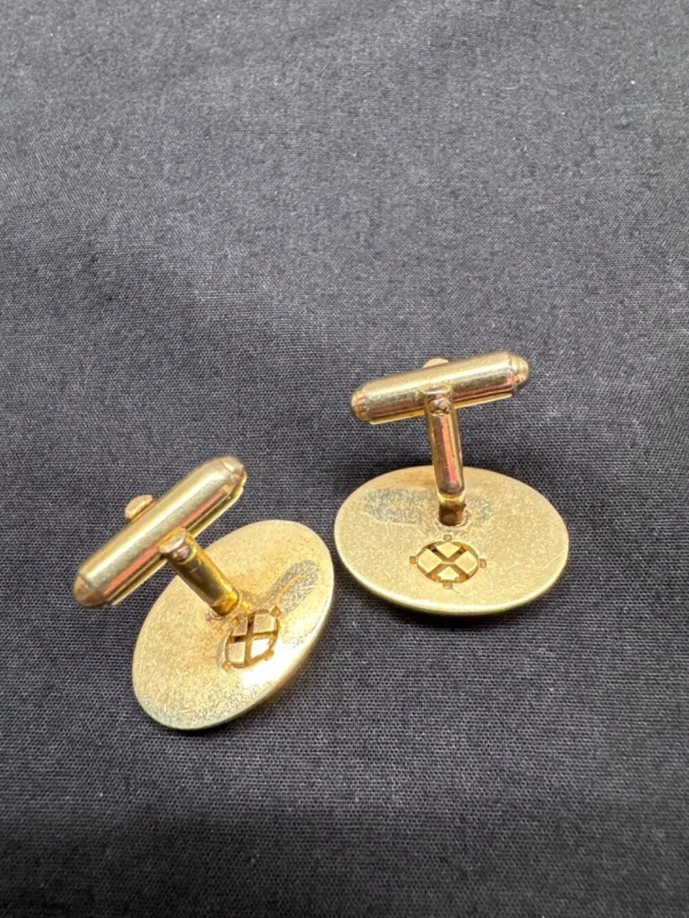 Vintage Gold-Tone Oval Cufflinks With Teal Gemstone Accent & Sunburst Design